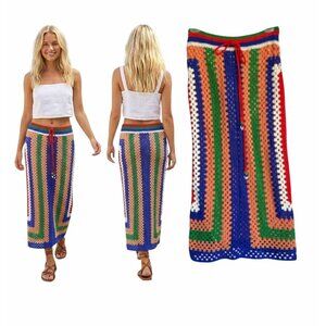 ⭐Farm Rio Multicolor Pitta Crochet Maxi Skirt Drawstring Waist Lined Size M New⭐